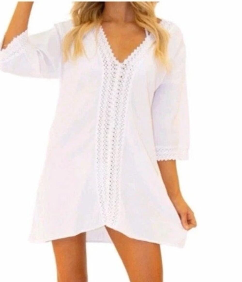 Sea Spice 100% Peruvian Cotton Crochet Lace Cover Up Resort Dress White Medium